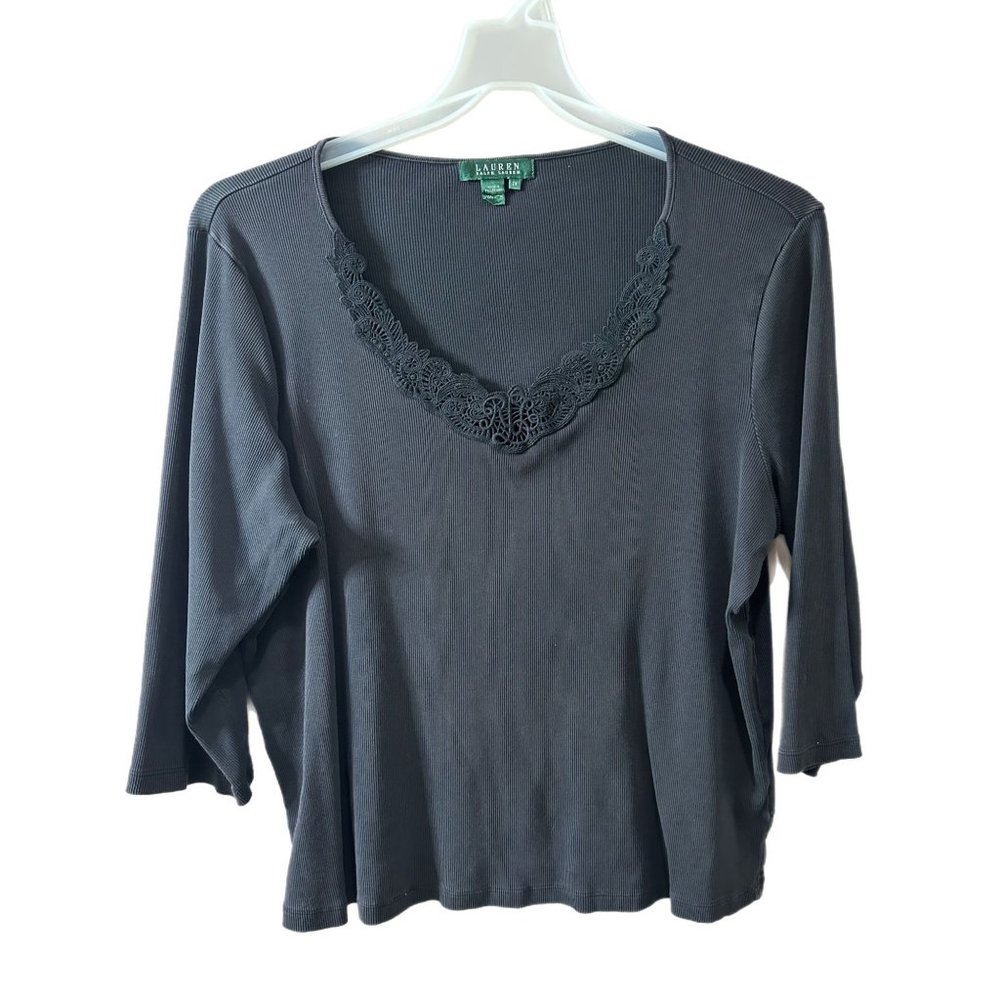 Lauren Ralph Lauren LRL Women’s Size 2X Shirt 3/4 Sleeve Black Ribbed Tee Lace